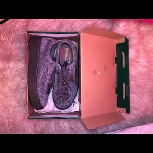 Gray suede platform pumas